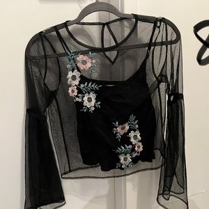 Hollister flower embroidered mesh blouse